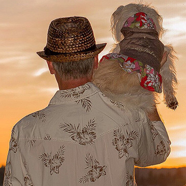 A man holding a dog, looking at the sunset