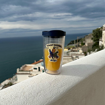 A Tommy Bahama Tervis Tumbler on a balcony by the sea