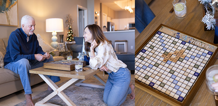 Nancy and her huband playing scrabble