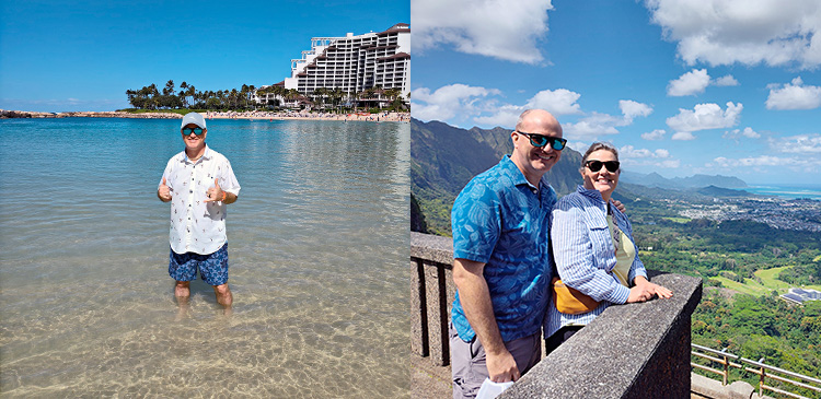 Collage of images of winner wading at the beach and at a scenic overlook with his wife