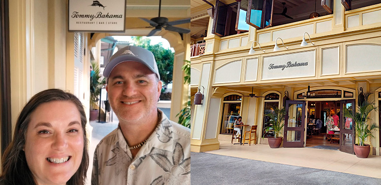 Collage of images of winner and his wife smiling outside Tommy Bahama location